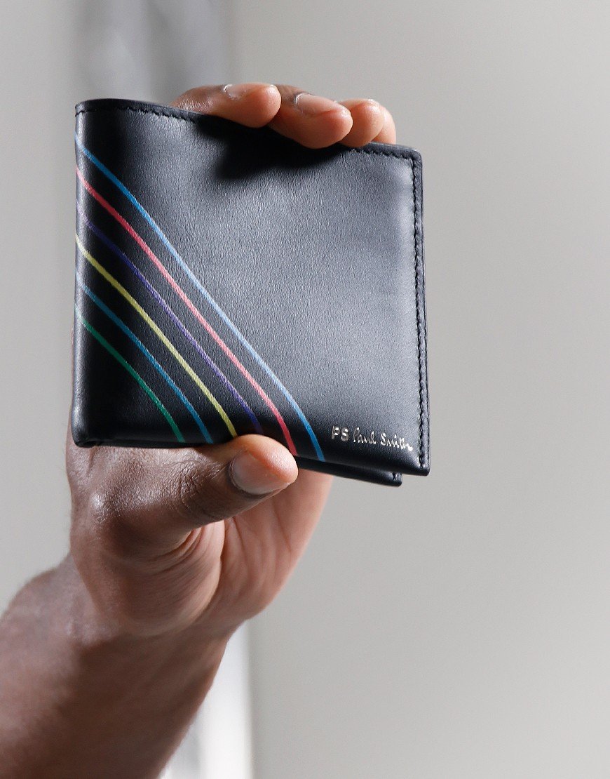 PAUL SMITH PS LEATHER BI-FOLD SPORTS STRIPE WALLET BLACK RRP £130 NEW IN BOX
