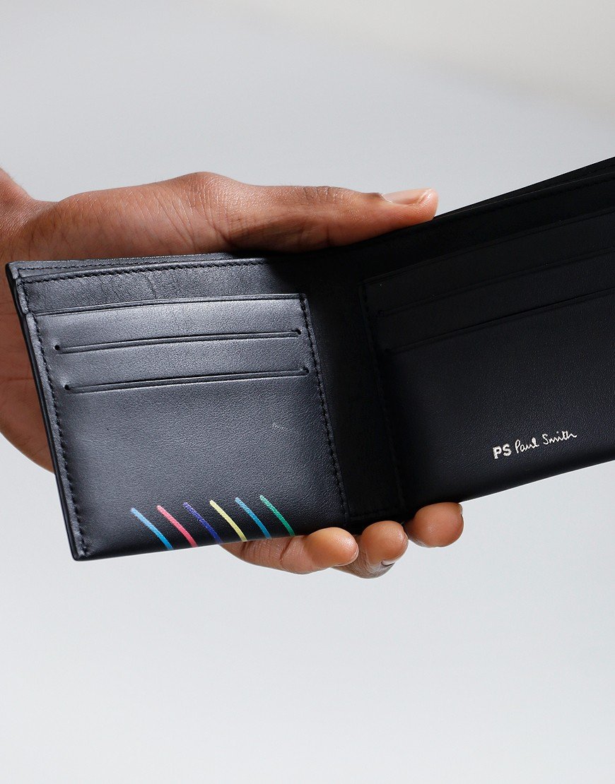PAUL SMITH PS LEATHER BI-FOLD SPORTS STRIPE WALLET BLACK RRP £130 NEW IN BOX