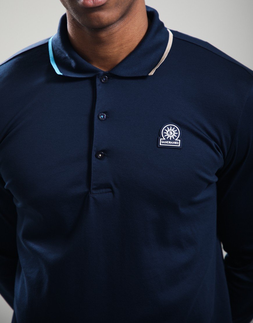 SANDBANKS TIPPED COLLAR LONG SLEEVE COTTON POLO SHIRT NAVY RRP £135 BNWT