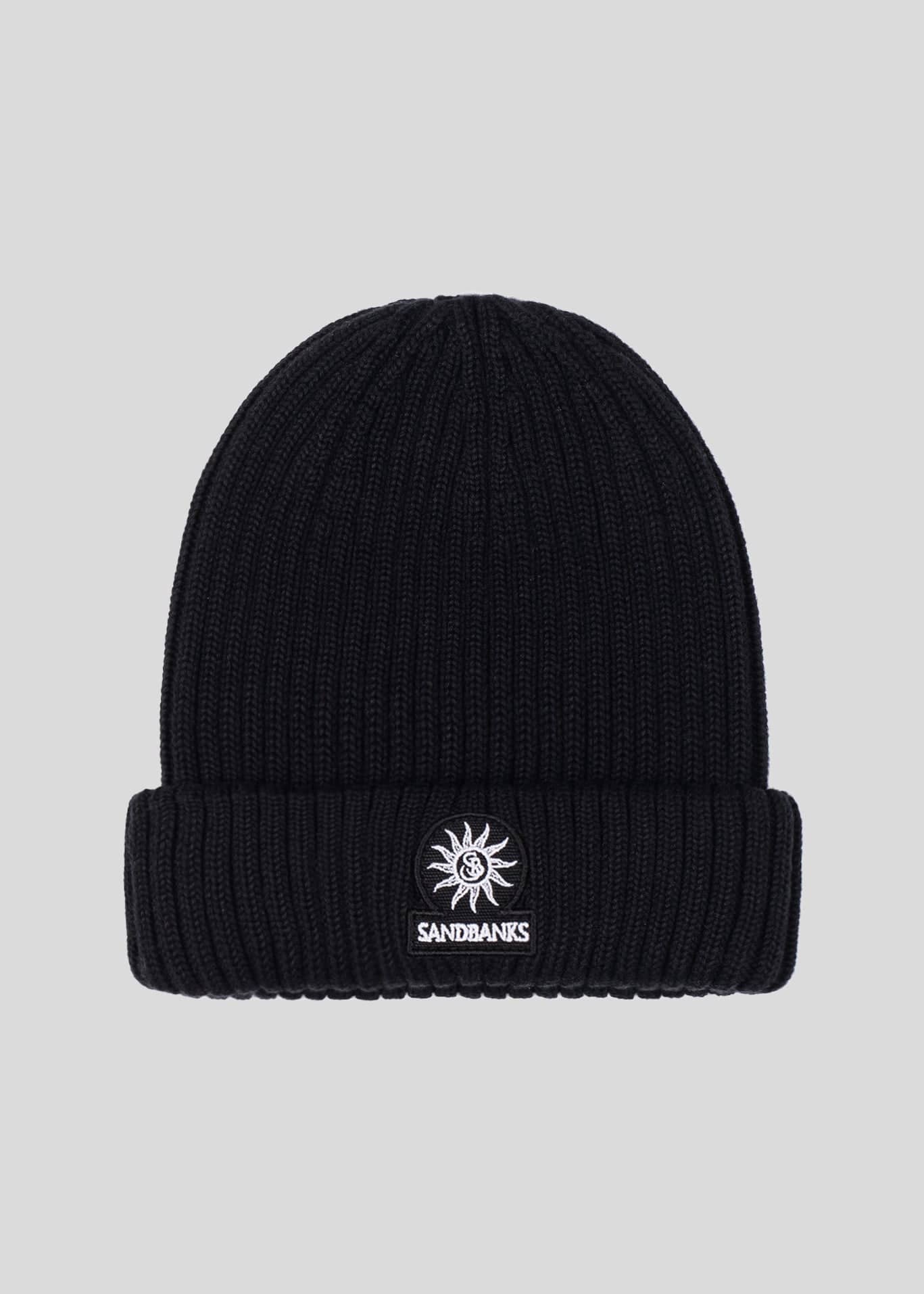 SANDBANKS BADGE LOGO MERINO WOOL RIBBED BEANIE HAT BLACK RRP £90 BNWT