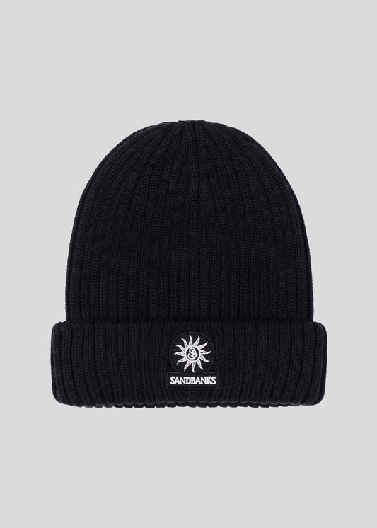 SANDBANKS BADGE LOGO MERINO WOOL RIBBED BEANIE HAT BLACK RRP £90 BNWT