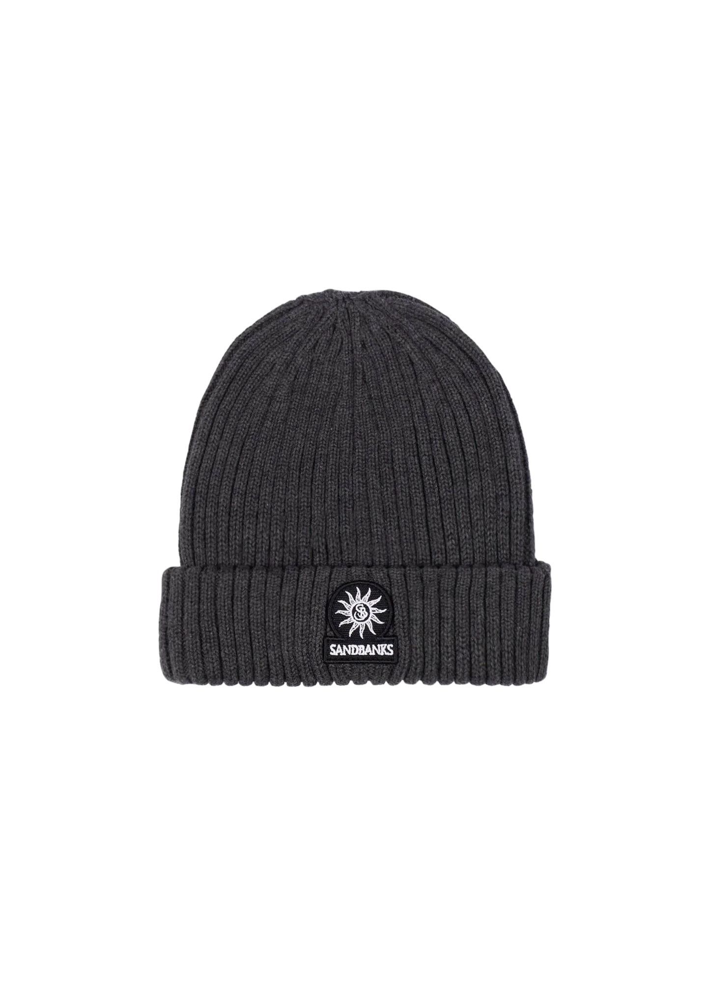 SANDBANKS BADGE LOGO RIBBED MERINO WOOL BEANIE HAT ANTHRACITE GREY RRP £90 BNWT