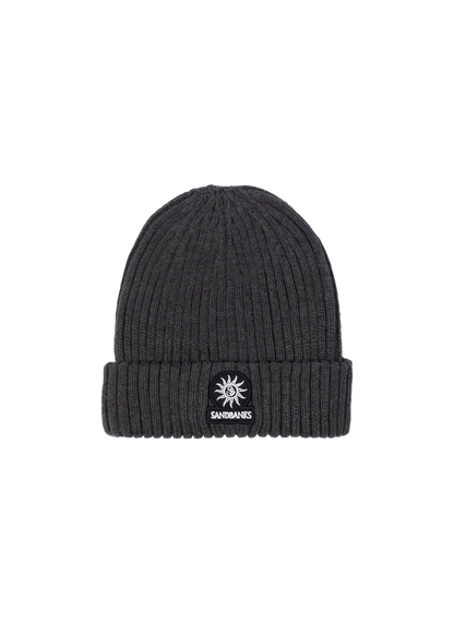 SANDBANKS BADGE LOGO RIBBED MERINO WOOL BEANIE HAT ANTHRACITE GREY RRP £90 BNWT