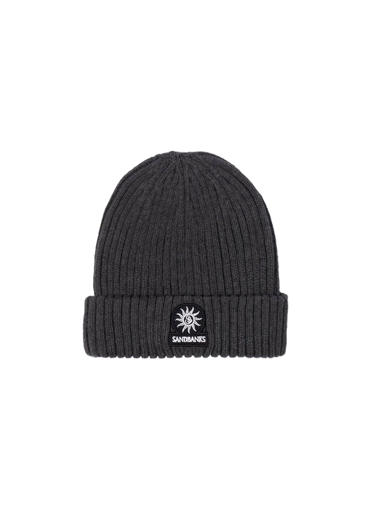 SANDBANKS BADGE LOGO RIBBED MERINO WOOL BEANIE HAT ANTHRACITE GREY RRP £90 BNWT