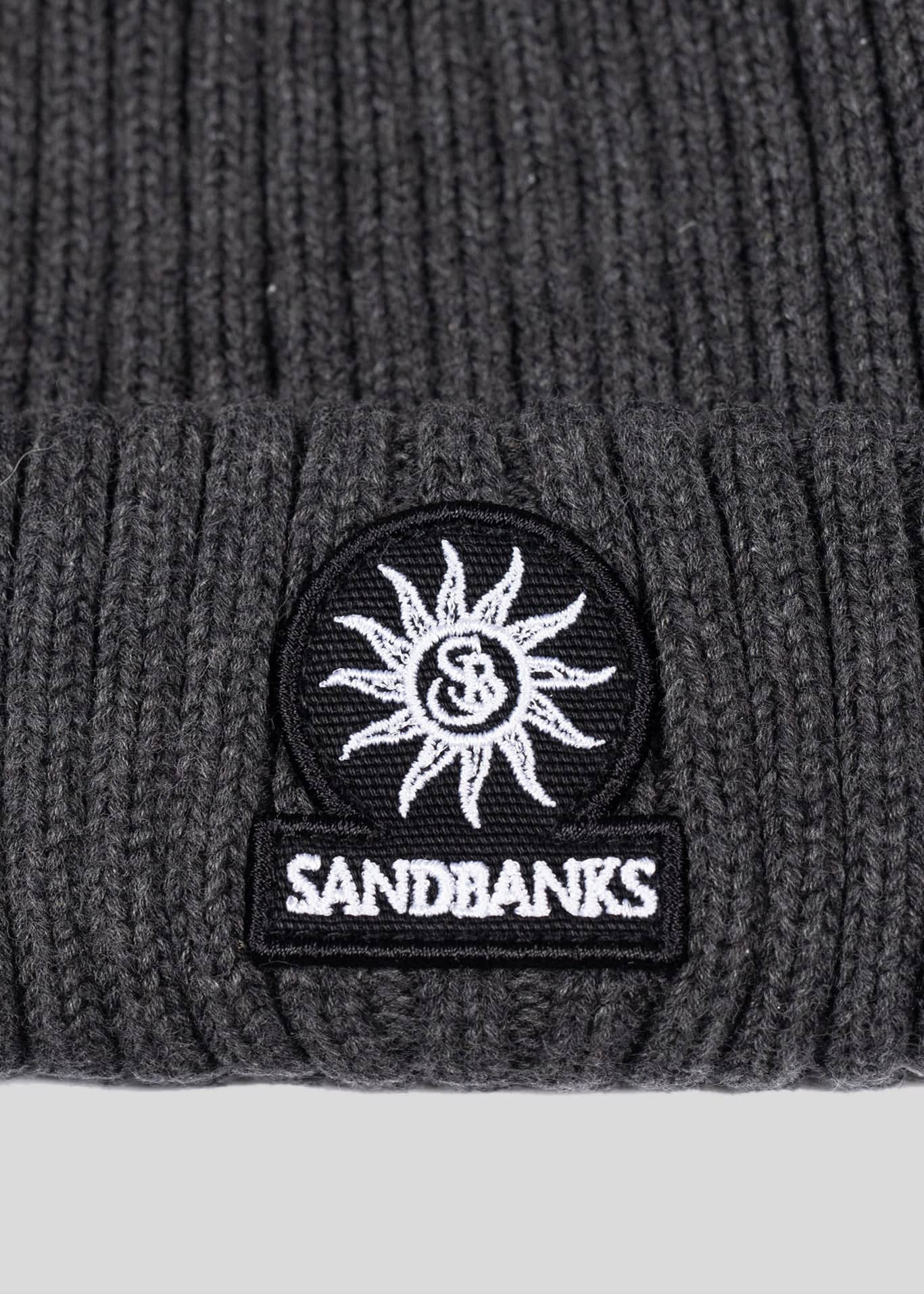 SANDBANKS BADGE LOGO RIBBED MERINO WOOL BEANIE HAT ANTHRACITE GREY RRP £90 BNWT