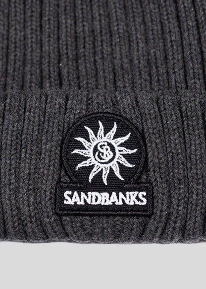 SANDBANKS BADGE LOGO RIBBED MERINO WOOL BEANIE HAT ANTHRACITE GREY RRP £90 BNWT