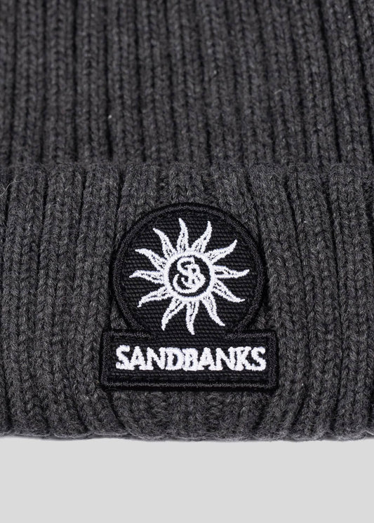 SANDBANKS BADGE LOGO RIBBED MERINO WOOL BEANIE HAT ANTHRACITE GREY RRP £90 BNWT