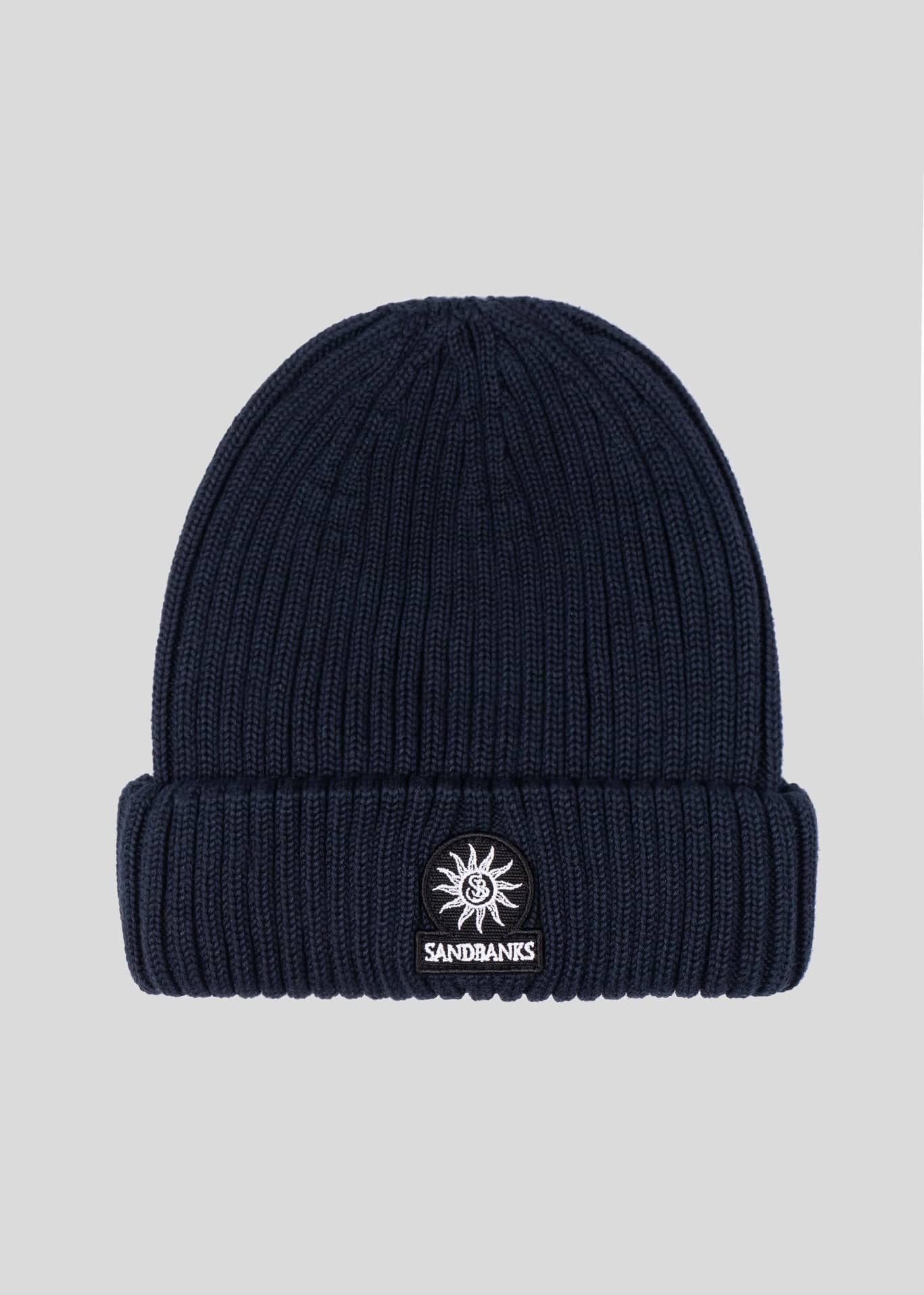 SANDBANKS BADGE LOGO MERINO WOOL RIBBED BEANIE HAT NAVY BLUE RRP £90 BNWT