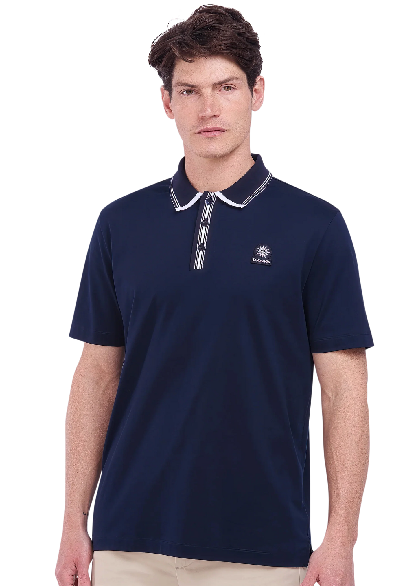 SANDBANKS CONTRAST STRIPE PLACKET COTTON POLO SHIRT NAVY XL RRP £135 BNWT