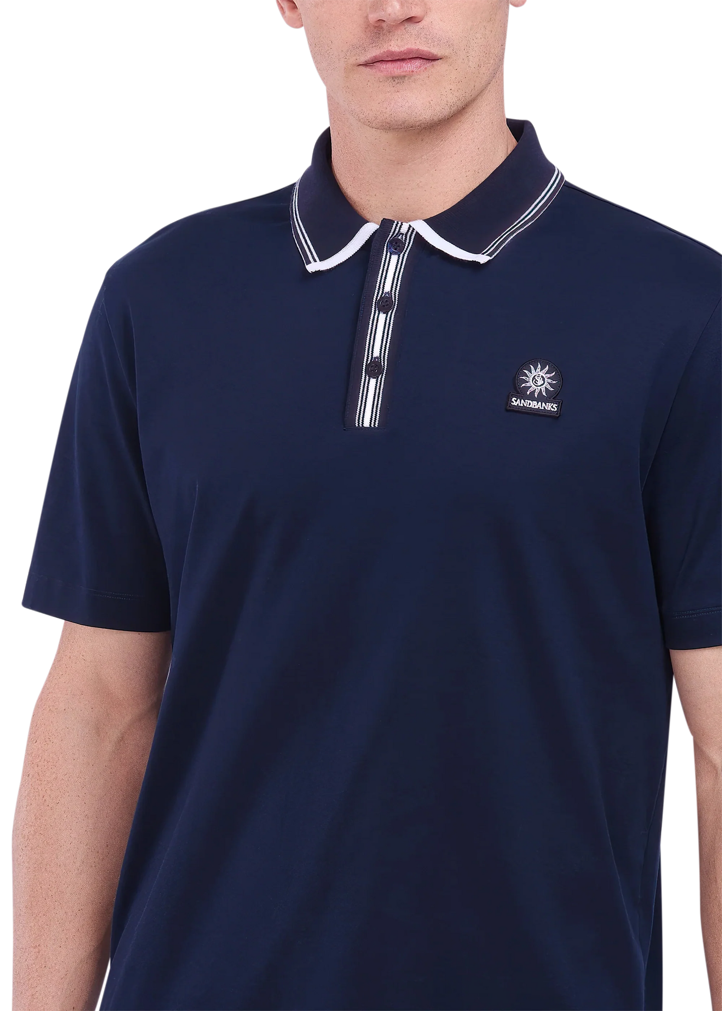 SANDBANKS CONTRAST STRIPE PLACKET COTTON POLO SHIRT NAVY XL RRP £135 BNWT