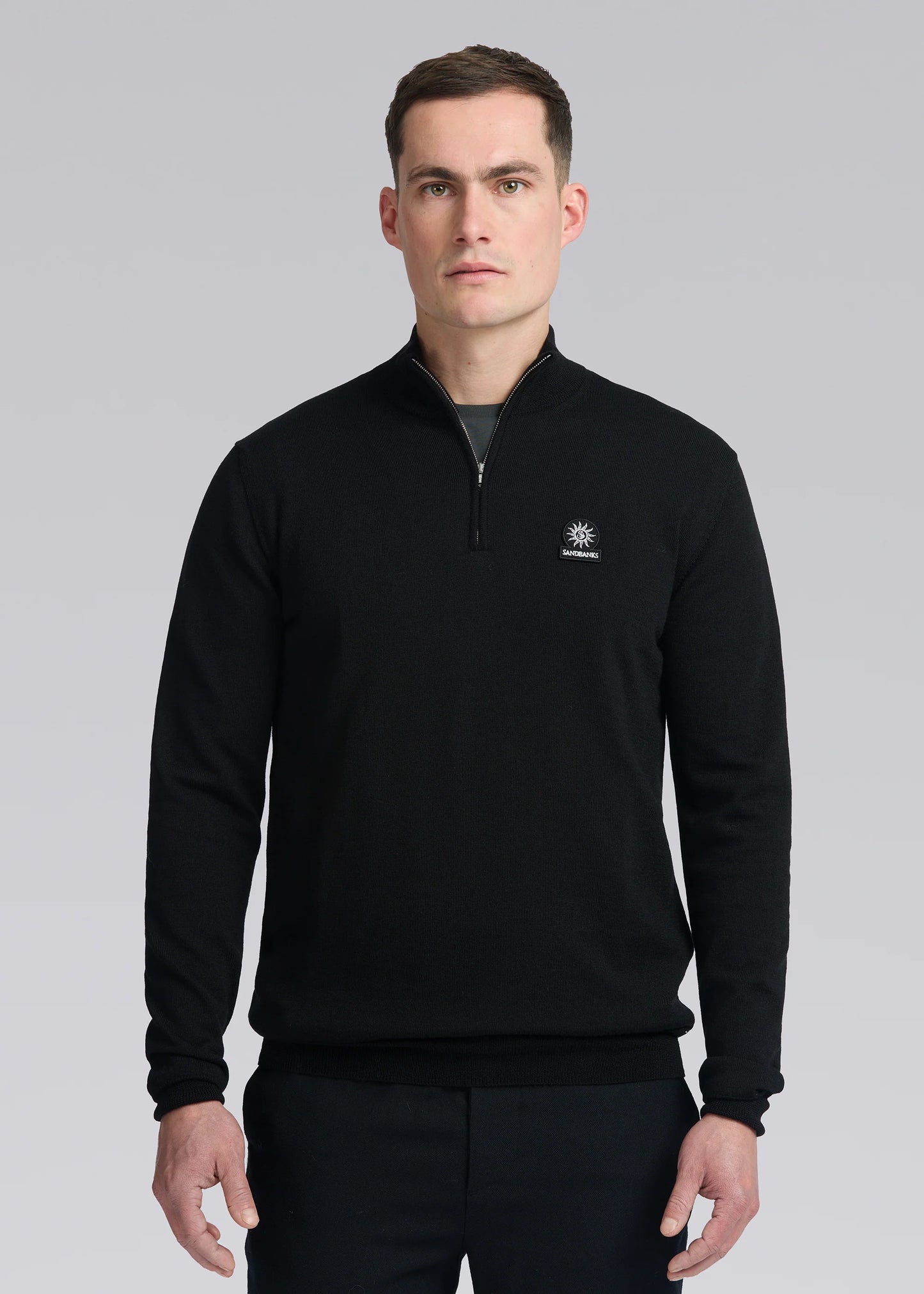 SANDBANKS FINE GAUGE QUARTER ZIP BADGE LOGO JUMPER BLACK RRP £175 BNWT