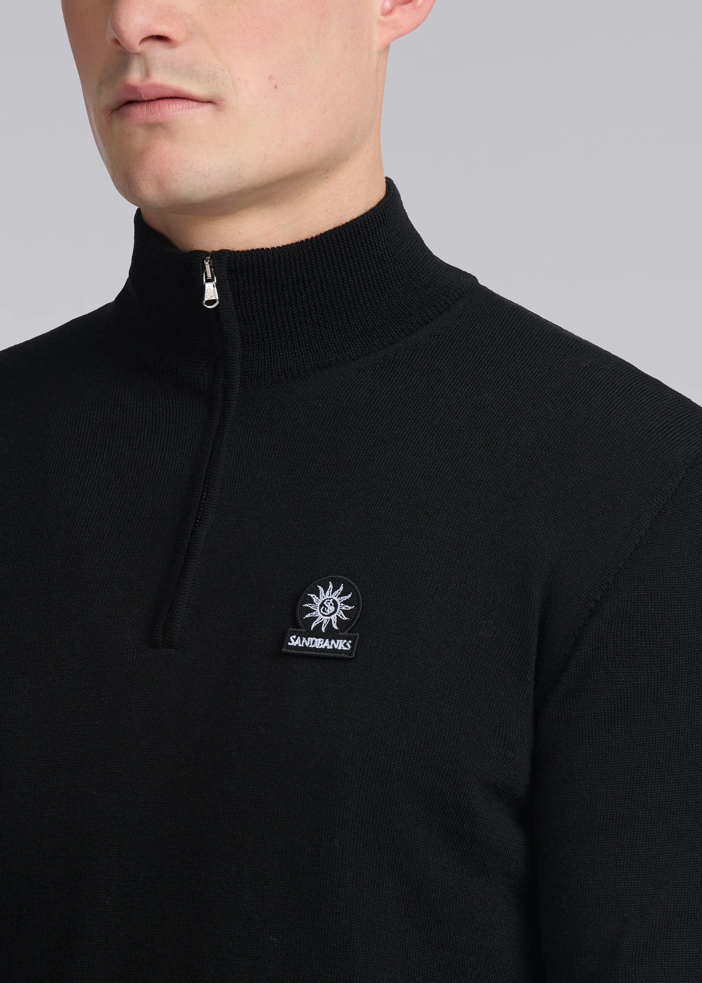 SANDBANKS FINE GAUGE QUARTER ZIP BADGE LOGO JUMPER BLACK RRP £175 BNWT