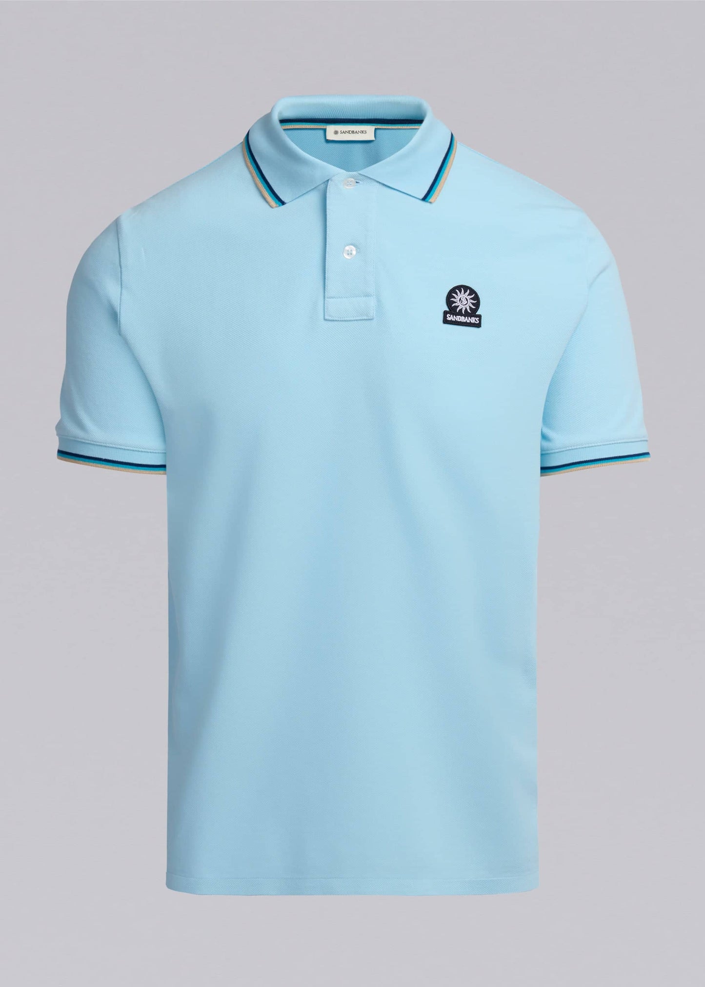 SANDBANKS BADGE LOGO TIPPED POLO SHIRT CRYSTAL BLUE RRP £115 BNWT