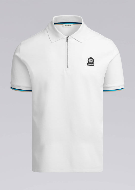 SANDBANKS ZIP UP TIPPED SLEEVE PIQUE COTTON POLO SHIRT WHITE RRP £120 BNWT