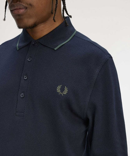 FRED PERRY TEXTURED TIP PIQUE COTTON LONG SLEEVE POLO SHIRT NAVY XL RRP £95 BNWT